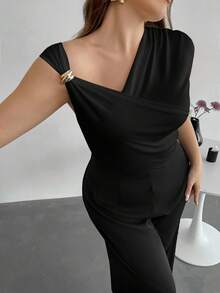 Firerie Plus Size Women Elegant Asymmetric Shoulder Wrap Ruched Fitted Short Sleeve T-Shirt With Metal Decor, Suitable For Daily Commute, Spring/Summer, Going Out Tops - Black - View 1
