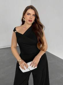 Firerie Plus Size Women Elegant Asymmetric Shoulder Wrap Ruched Fitted Short Sleeve T-Shirt With Metal Decor, Suitable For Daily Commute, Spring/Summer, Going Out Tops - Black - View 4