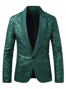 Manfinity AFTRDRK 男士亮片纯色单排扣正式派对长袖西装外套 - 墨綠色 - 查看 3