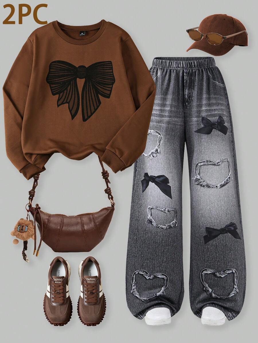 SHEIN ChillGRL 2pcs/Set Teenage Girls Sweet Numeric Print Pullover Sweatshirt Top And Heart Bow Print Denim Effect Casual Pants Set, Suitable For School, Campus, Autumn - Khaki - View 1