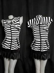 Sunspun 加大码朋克风黑白条纹无袖卫衣，带真口袋和透气孔，春夏款 - 黑與白 - 查看 1