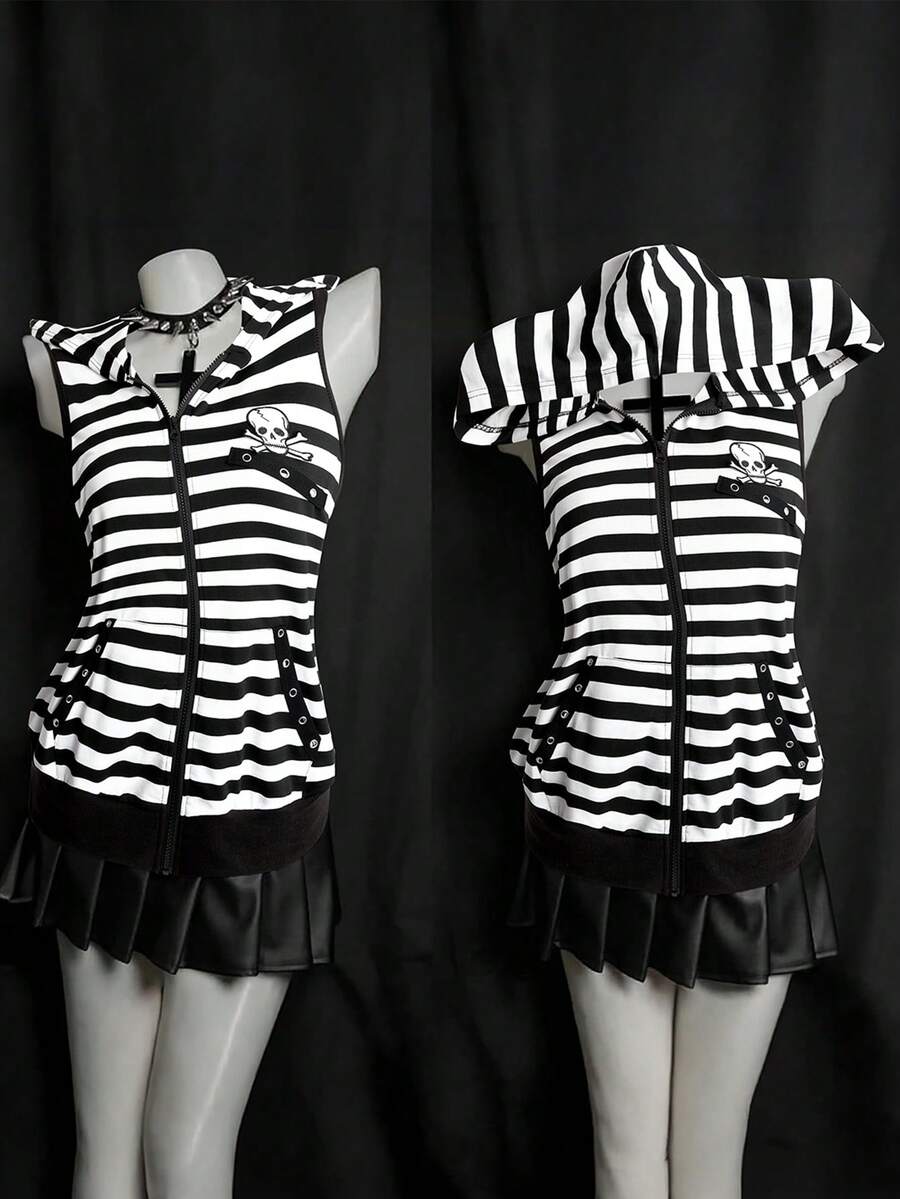 Sunspun 加大码朋克风黑白条纹无袖卫衣，带真口袋和透气孔，春夏款 - 黑與白 - 查看 1