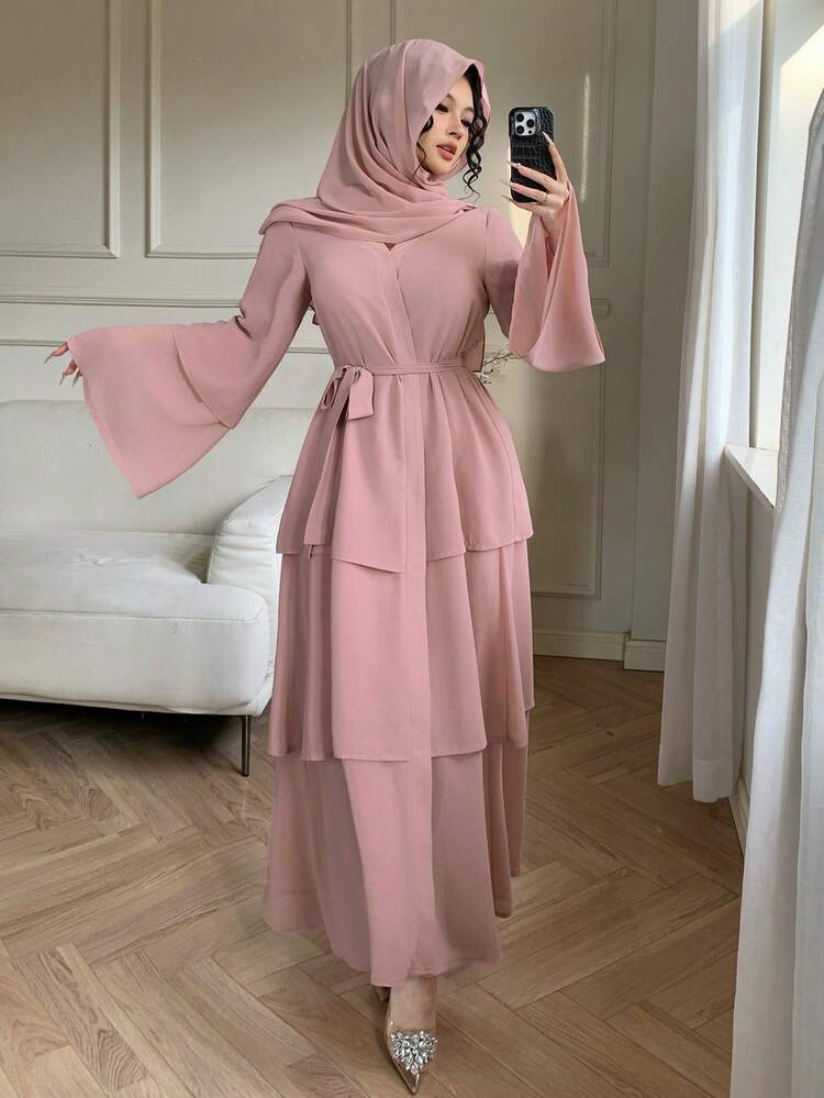 Women's Elegant Solid Color Ruffle V-Neck Belted Dress, Spring/Summer Wedding Guest Dress