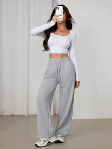 SHEIN PETITE Women's Drawstring Waist Casual Loose Straight Leg Sweatpants, Grey, Suitable For Spring/Summer - Multicolor - View 7