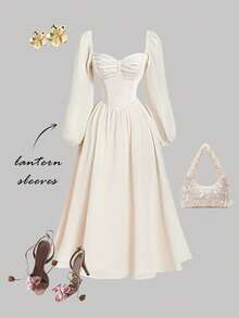 SHEIN MOD Đầm dự tiệc mùa xuân, cổ áo hình trái tim, tay áo phồng, thiết kế xếp ly ở phần ngực. - Màu be - Xem 3