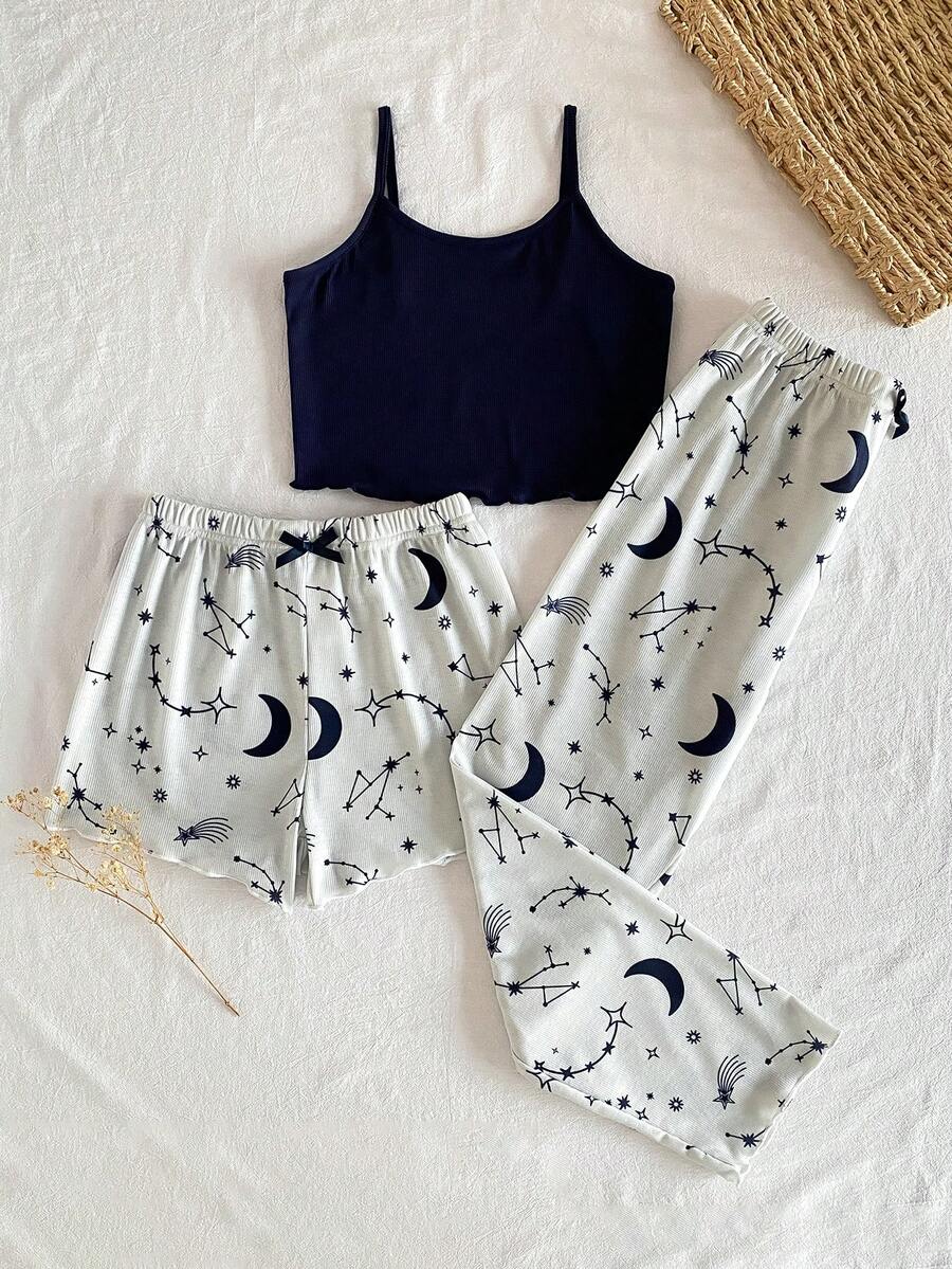 SHEIN 3pcs Girls' Minimalist Star & Moon Print Camisole Shorts + Pants Pajama Set Summer Pajama Set Summer Two Piece Set Two Piece Sleep Set Summer Pj Set Pajamas Set Two Piece - Navy Blue - View 1