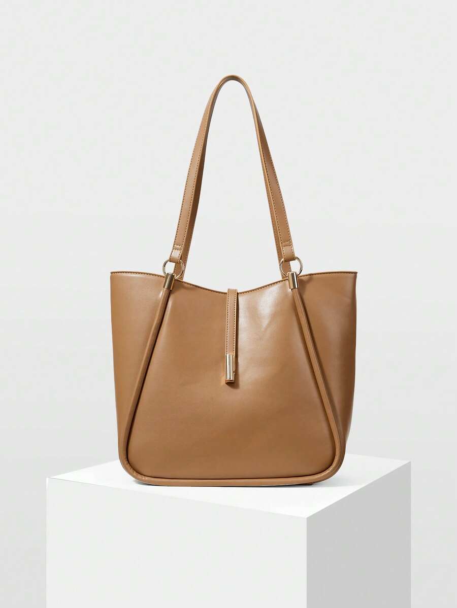 MOTF PREMIUM 女士PU皮革五金细节手提包 - 杏色 - 查看 1