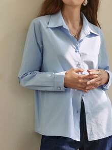 Dazy-Less Chemise bleue à manches longues pour femmes, style bureau/décontracté, design poétique de vieux argent, couleur unie, printemps/été - Bleu azur - Voir 7