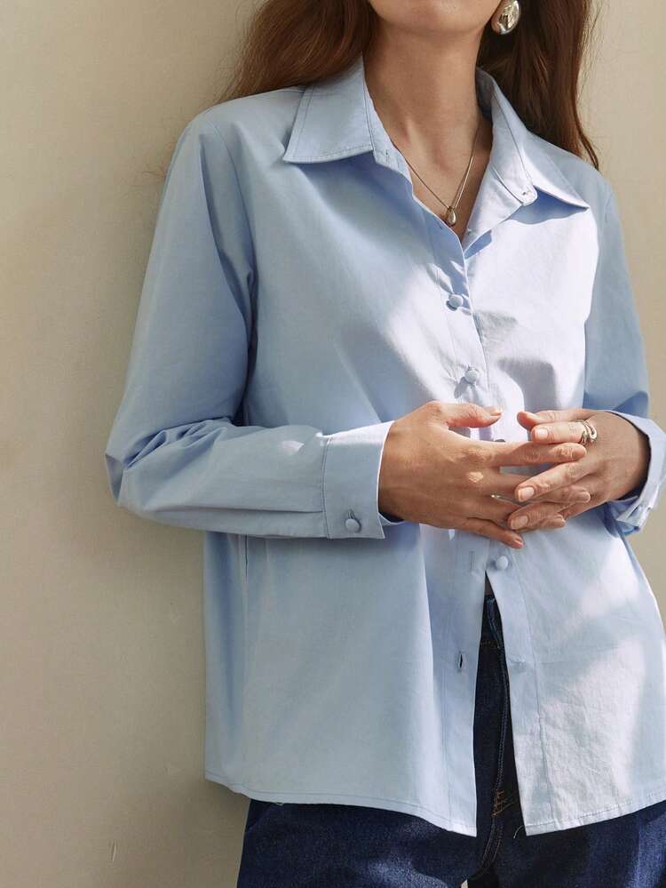 Spring/Summer Solid Color Casual Poetic Old Money Design Office/Commute Long Sleeve Blue Ladies Shirt Business Casual Woman