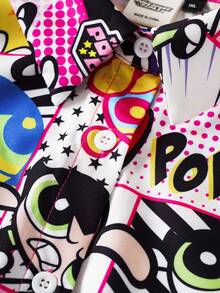 THE POWERPUFF GIRLS X SHEIN Chemise d'été décontractée grande taille à imprimé tout-sur-tout avec boutons devant et manches courtes - Multicolore - Voir 4