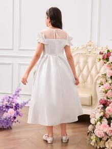 少女優雅長款公主禮服，白色夏季婚禮小伴娘緞面洋裝，網紗領口，正式教堂端莊派對長裙 - 白色 - 查看 2