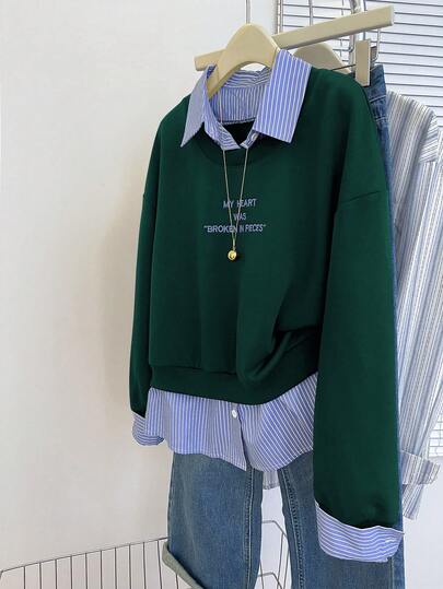 INAWLY Hanorac casual lejer pentru femei, cu dungi, rever, imprimeu cu slogan și umeri căzuți, potrivit pentru toamnă