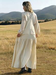 WESTFADE 100% Cotton Tiered Loose Fit Adjustable Strap Cargo Pocket Skirtall Overall Dress - Khaki - View 2