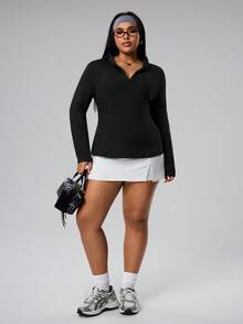 SHEIN Sports Plus Size Women's Casual Sports Solid Color Half-Zip Long Sleeve Sweatshirt - Black - View 6