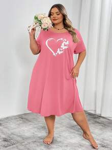 SHEIN CURVE+ Curve Plus Red Heart-Shaped Printed Long Dress, Valentine's Day - Pink - View 5