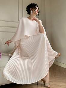 DAZY Women's Elegant Solid Color Pleated 2 In 1 Long Dress, Spring/Summer Wedding Guest Dress Sundress - Beige - View 6