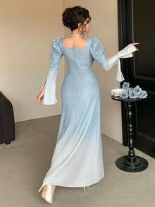 DAZY 春夏蓝色渐变扎染泡泡袖开衩优雅派对婚礼宴会正式连衣裙，时尚修身通勤婚礼宾客连衣裙 - 藍色 - 查看 4