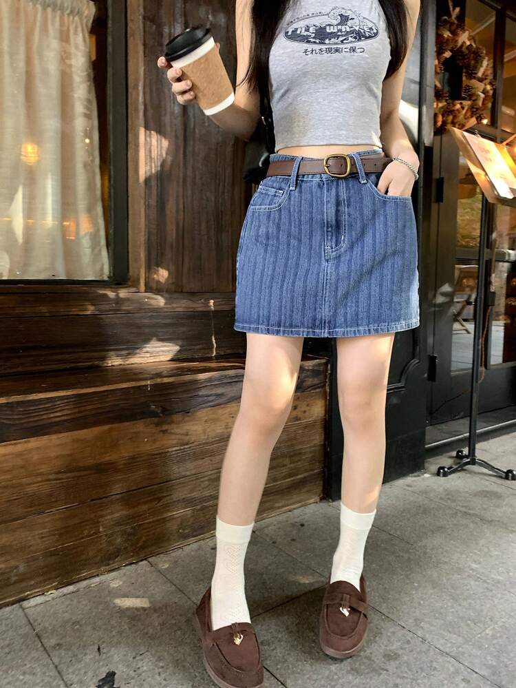 Women's Striped Casual Denim Mini Skirt, Korean Street Style, Summer Spring