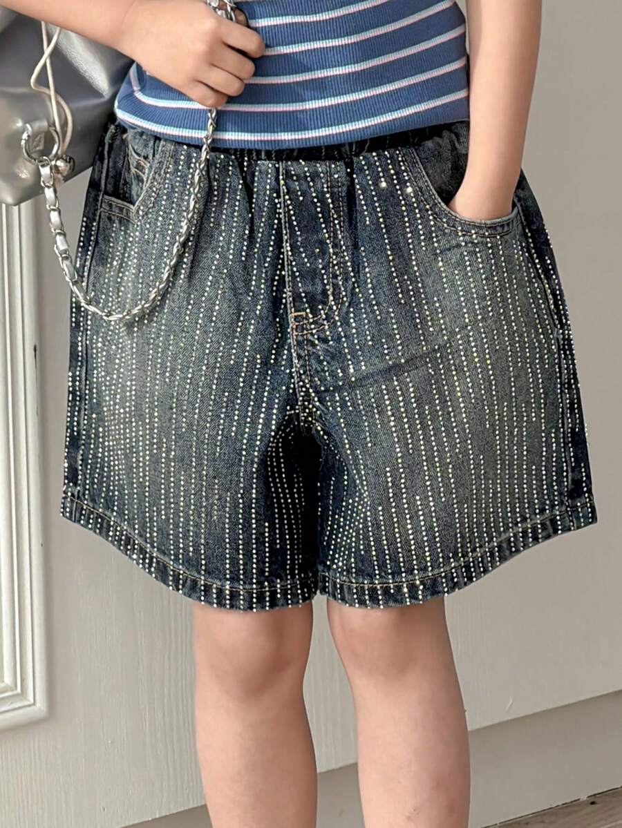 DAZY Young Girl' Rhinestone Embellished Casual Street Style Denim Shorts, Spring/Summer - Medium Wash - View 1