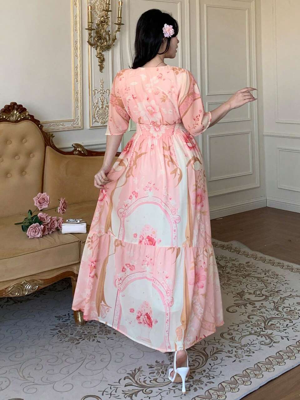 Women's Elegant Sexy Floral V-Neck Long Dress, Suitable For Spring And Summer Boho Sun Dresses For Women Vacation Outfits Women Golf Pastal