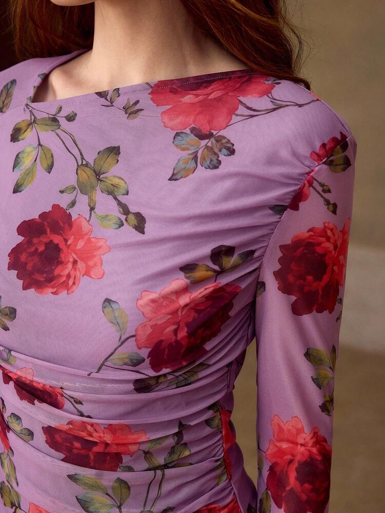 WOMEN'S ROSE PRINT LONG SLEEVE T-SHIRT, SUITABLE FOR DATES, SPRING/SUMMER