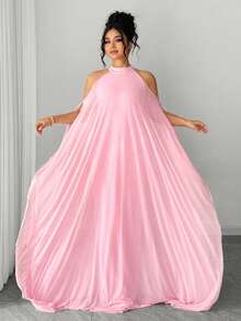 Elenzga Đầm dệt kim thanh lịch dành cho nữ cỡ lớn, lớp lưới màu hồng, cổ áo kép, trang trí ngọc trai, dài thêm. - Hồng - Xem 1