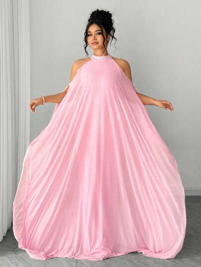 Elenzga 大码女士优雅针织背心连衣裙，粉色网纱拼接，双层领口，珍珠装饰，加长款