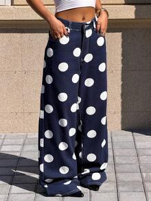 Muchica 女士时尚休闲波点印花宽松牛仔裤 - 藍色 - 查看 4