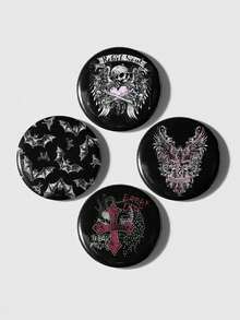ROMWE Goth 4款Y2K暗黑哥特风甜美酷炫嬉皮风个性化黑粉/黑红蝙蝠蛾骷髅玫瑰印章字母波点恶魔翅膀豹纹纯色十字架银色胸针徽章手账装饰包包吊坠，组合套装，适合姐妹、女友、朋友、女孩和女士日常佩戴、节日礼物 - 多色-5 - 查看 13