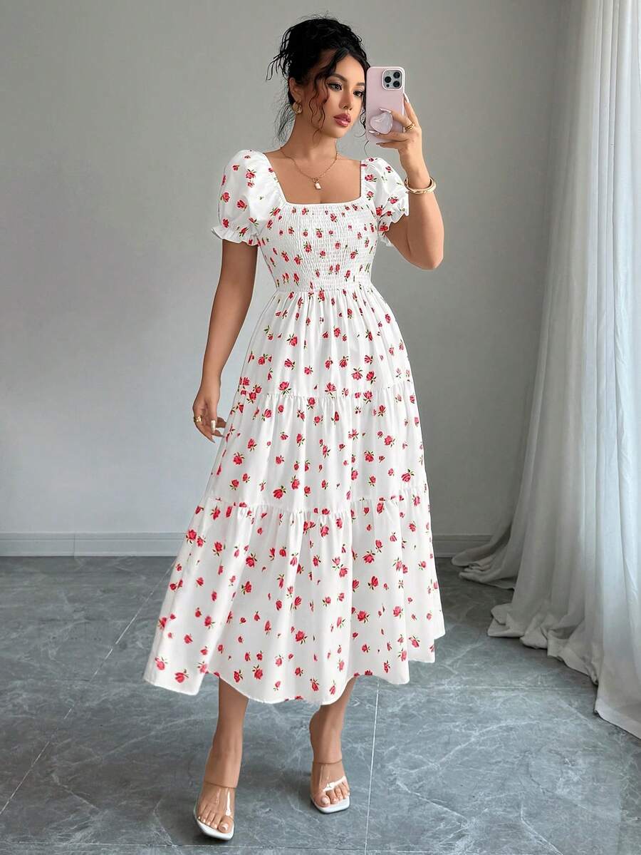 Elenzga 女式方领收腰碎花优雅短款连衣裙 - 粉色 - 查看 1