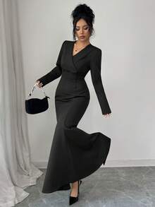 elegante y casual de mujer para uso diario, chic urbano, resort, tarde deé, Navidad, de lujo, con solapa asimétrica, botón en la cintura, manga larga, para primavera/otoño/invierno, - Negro - Ver 5