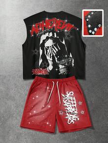 ROMWE MEN 男士字母和图案印花圆领背心和抽绳腰短裤休闲套装 - 彩色 - 查看 1