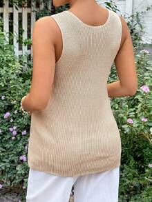 SHEIN Maternity Solid Color Criss-Cross Design Casual Knit Vest - Khaki - View 2