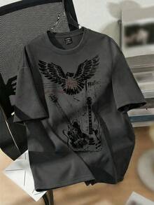 SHEIN EZwear 宽松休闲极简图案圆领短袖女式T恤，吉他与老鹰音乐节 - 深灰色 - 查看 4