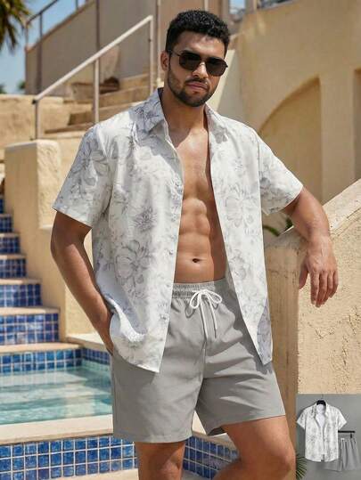 Manfinity Swimmode Men's Simple Print Short Sleeve Shirt And Shorts Set