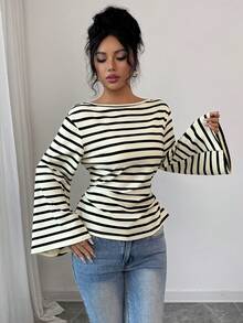 Elenzga Women's Autumn/Winter Loose Collar Flare Sleeve Pleated Ribbed Ribbed Top - Multicolor - View 4