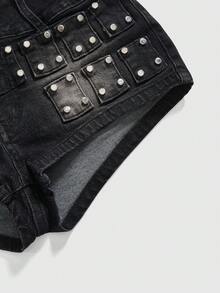 ROMWE Avant Spring/Summer Fashionable Avant-Garde Rivet Distressed Mini Low-Waist Denim Shorts - Black - View 3