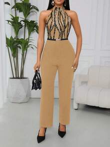Lyxana 女士优雅印花露背连体裤 - 卡其色 - 查看 3