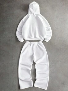 PAVTROS 男士街头潮流花卉图案极简刺绣连帽卫衣套装，适合户外音乐节、休闲外出、送给男友/丈夫的礼物、周年纪念日 - 白色 - 查看 2