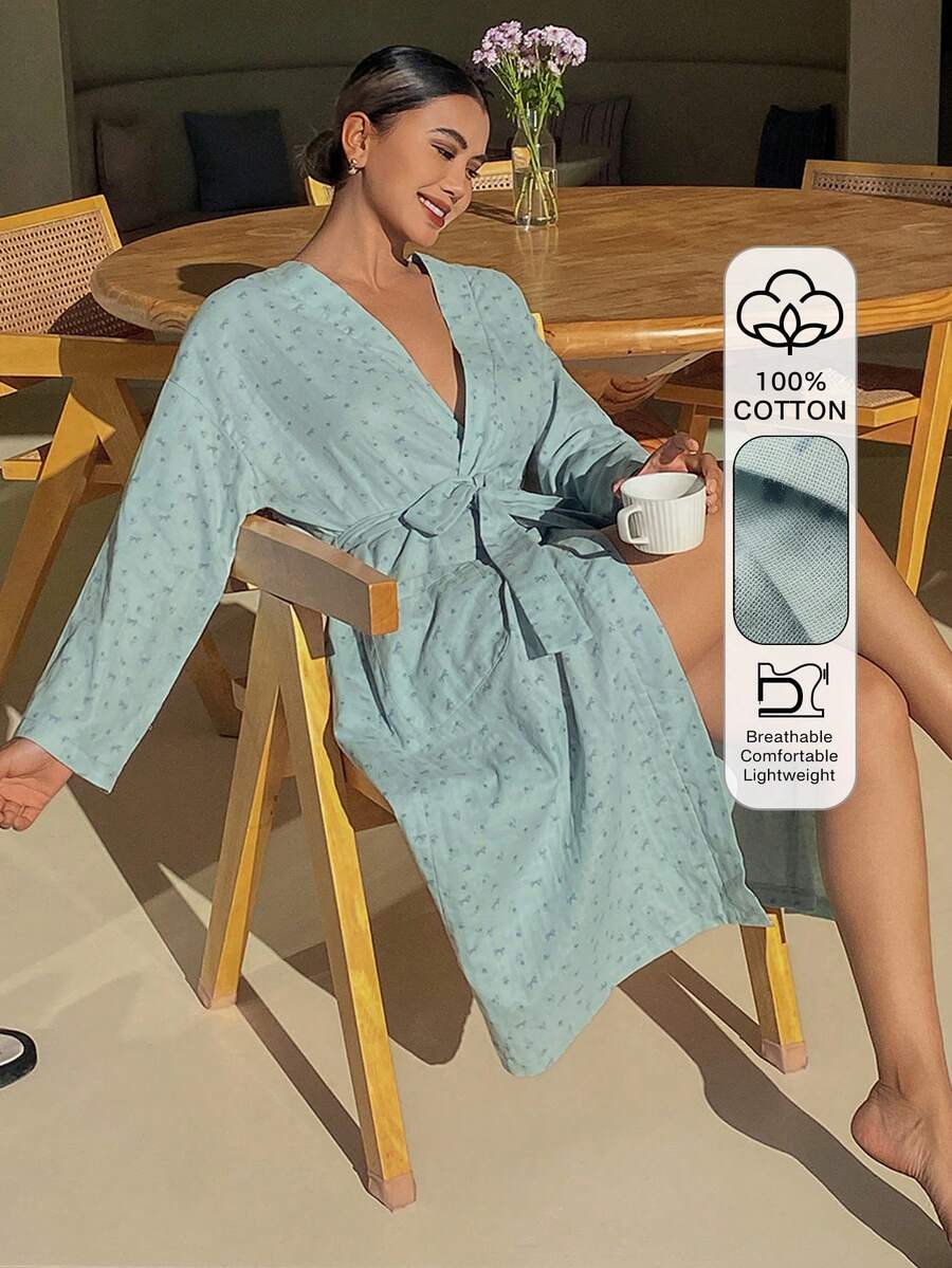 DAZY Ditsy Floral Loose Long Women Robe - Blue - View 1