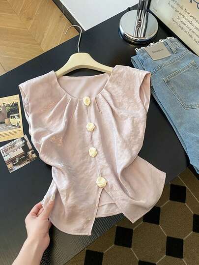 Resyla Fashionable Versatile High-End Satin Floral Decor Chiffon Top Women, Summer Cropped Cinched Waist Tank Top