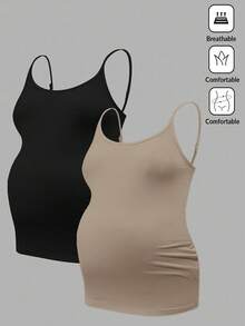 Modmama 孕妇纯色褶皱高弹休闲吊带背心 - 黑色 - 查看 12