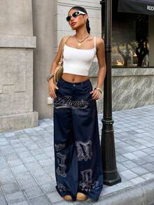 SHEIN Muchic 女士休闲时尚街头日常通勤字母印花宽松阔腿裤 - 藍色 - 查看 6