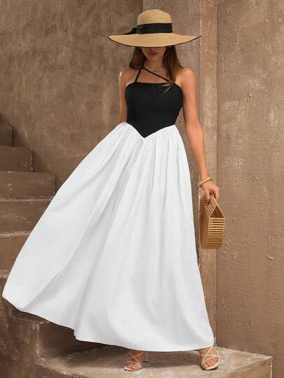 EURMUSE Contrast Corset Midi Dress, Spaghetti Strap Design, Fitted Bodice Silhouette, Flared Skirt Detail, Soft Cotton-Blend Fabric, Elegant Monochrome Style, Timeless Black And White Look, Feminine Sophisticated Chic