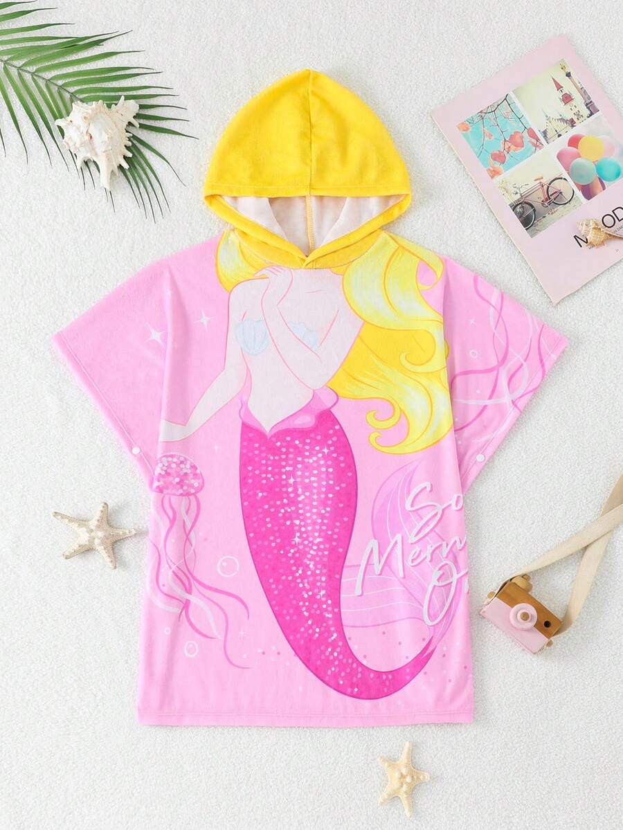 SHEIN Young Girls Pink Mermaid Printed Beach Towel Poncho,Cute Kids Hooded Towel Cloth Bathing Suit Cover Up For Summer,Beach,Family Vacation,Holiday - Pink - View 1