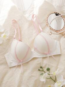 白色钢圈罩杯上托支撑聚拢提拉舒适半罩杯蝴蝶结蕾丝拼接可爱女士文胸 - 白色 - 查看 6