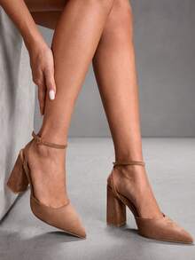 CUCCOO SZL 女鞋粗跟踝带简约百搭派对宴会日常尖头高跟鞋 - 駝色 - 查看 7