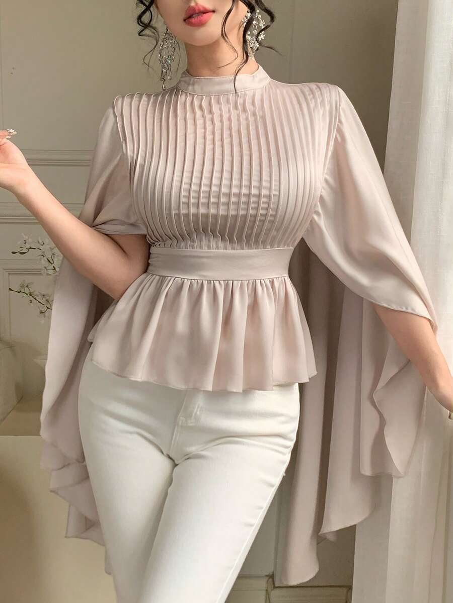 DAZY Spring/Summer Ruffled Collar Pleated Waist Elegant Casual Blouse With Patchwork Ruffle Hem, Long Sleeve, Suitable For Commuting, Weddings, Valentine's Day - Baby Pink - View 1