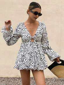 Livesso 女士斑马纹灯笼袖单扣花边下摆性感时尚长袖衬衫 - 白色 - 查看 3