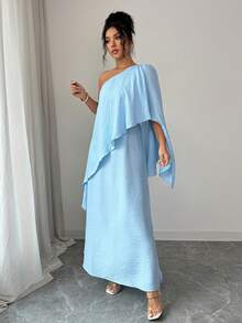 Rafferiza Women's Elegant Fashion New Asymmetric Long Dress, Summer One Sleeve Dress Summer Dress Curve Dress Light Blue Dress One Shoulder Dress - Baby Blue - View 5
